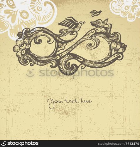 Abstract floral background in retro style. Infinity sign with birds