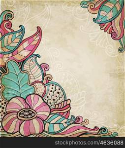 Abstract floral background with flowers and leaves. Vintage decorative vector background. Hand drawn illustration.