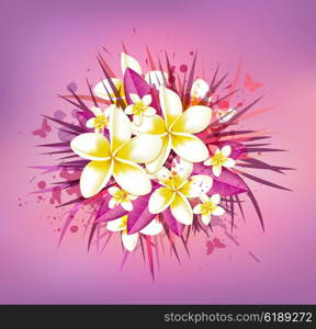 Abstract floral background with tropical flowers. Bouquet of tropical flowers on a pink background.