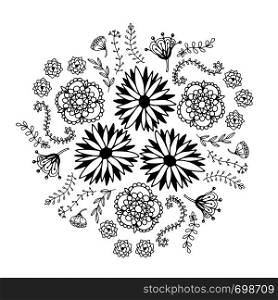 Abstract floral circle with doodle flowers. Round zentangle for coloring book page. Abstract floral circle with doodle flowers. Round zentangle for coloring book pages