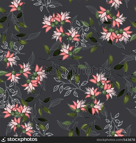 Abstract floral drawing. Realistic isolated seamless flowers pattern. Vintage set. Hand drawn vector illustration.