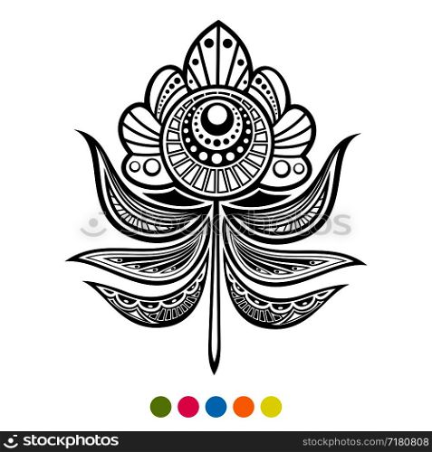 Abstract floral feather vector illustration. Black and white flower coloring page. Abstract floral feather illustration