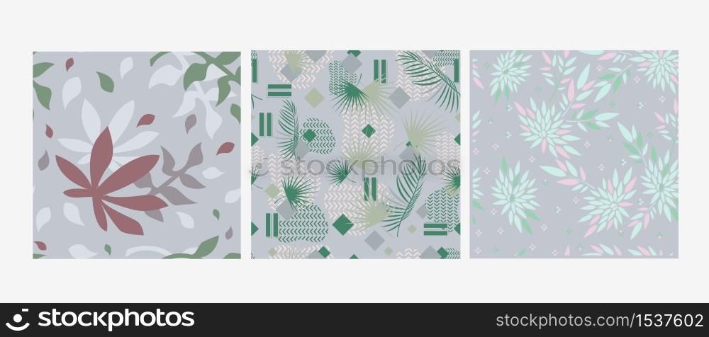 Abstract floral, natural pattern on a gray background. Graphic color seamless design - summer, spring ornament. Colors from green, red-pink and pale blue. Suitable for wallpaper, print, background. Abstract floral, natural pattern on a gray background.