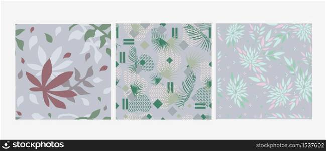 Abstract floral, natural pattern on a gray background. Graphic color seamless design - summer, spring ornament. Colors from green, red-pink and pale blue. Suitable for wallpaper, print, background. Abstract floral, natural pattern on a gray background.