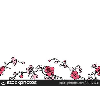 Abstract floral seamless border. Sring hand drawn outline design with modern pink cherry blooming branches on white background vector illustration.