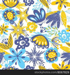 Abstract floral seamless pattern. Abstract floral seamless pattern with blue and yellow flowerd and leaved