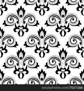 Abstract floral seamless pattern with black flourish curlicues and leaves scrolls on white background, for wallpaper or textile design. Abstract black floral seamless pattern