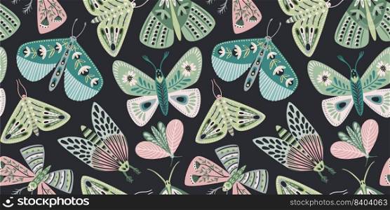 Abstract floral seamless pattern with butterflies and moths. Modern exotic design for paper, cover, fabric, interior decor and other use.. Abstract floral seamless pattern with butterflies and moths. Modern exotic design for paper, cover, fabric, interior decor and other.