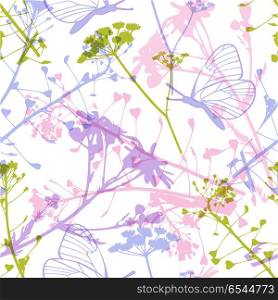 Abstract floral seamless pattern with butterflies, wildflowers and leaves on a white background.. Seamless pattern with butterflies and wildflowers