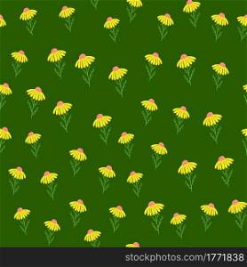 Abstract floral seamless pattern with random little yellow daisy flowers on green background. Decorative backdrop for fabric design, textile print, wrapping, cover. Vector illustration.. Abstract floral seamless pattern with random little yellow daisy flowers on green background.