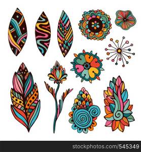 Abstract floral set in zentangle style. Hand drawn vector doodle flowers and leaves. Abstract floral set with hand drawn vector doodle flowers and leaves