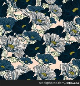 Abstract flower line seamless pattern. Delicate floral vintage outline endless background. Retro style. Design for fabric, textile print, wrapping, cover. Vector illustration. Abstract flower line seamless pattern. Delicate floral vintage outline endless background. Retro style.