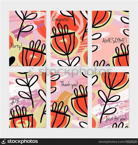Abstract flower on crayon brush.Hand drawn creative invitation or greeting cards template. Anniversary, Birthday, wedding, party, social media banners set of 6. Isolated on layer.