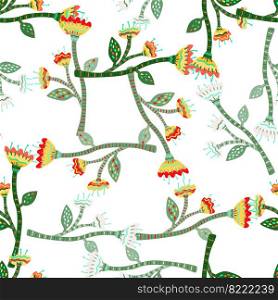 Abstract flower seamless pattern in naive art style. Beautiful floral wallpaper. Cute plants endless backdrop. Design for fabric, textile print, wrapping paper, cover. Vector illustration. Abstract flower seamless pattern in naive art style. Beautiful floral wallpaper. Cute plants endless backdrop.