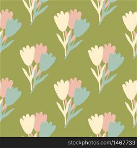 Abstract flowers bouquet seamless pattern on green background. Geometric floral endless wallpaper. Decorative backdrop for fabric design, textile print, wrapping paper, cover. Vector illustration. Abstract flowers bouquet seamless pattern on green background. Geometric floral endless wallpaper.
