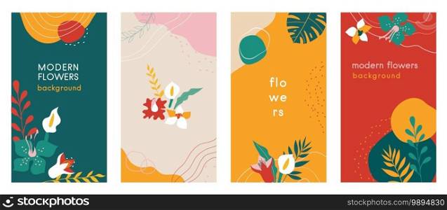 Abstract flowers Social media stories organic backgrounds set with modern color combinations, shapes, flowers and plants, monstera leaves, vertical format For advertising, branding vector illustration. Abstract flowers Social media stories organic backgrounds set vector