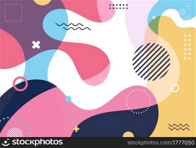 Abstract fluid shape colorful splash background with geometric shapes elements pattern in retro 80s-90s style. Vector illustration