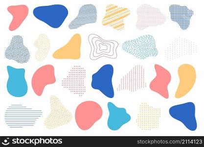 Abstract fluid shapes, graphic design elements with patterns. Modern dynamic liquid forms. Wave blots with line and dot texture vector set. Form curvy pattern, wave splash illustration. Abstract fluid shapes, graphic design elements with patterns. Modern dynamic liquid forms. Wave blots with line and dot texture vector set