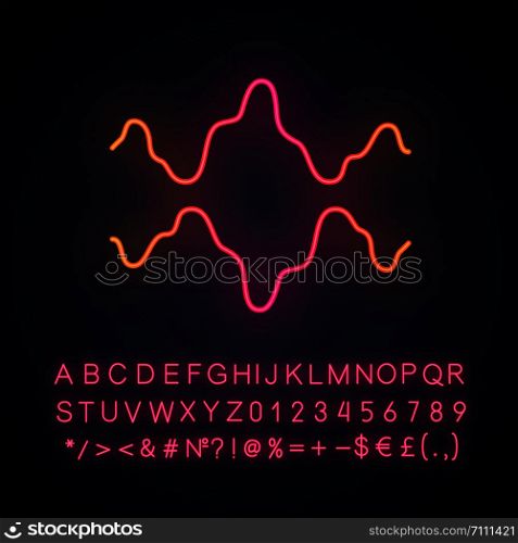 Abstract fluid waveforms neon light icon. Music rhythm, digital soundwave, frequency curves. Asymmetrical wavy lines. Glowing sign with alphabet, numbers and symbols. Vector isolated illustration