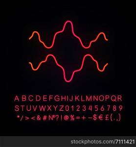 Abstract fluid waveforms neon light icon. Music rhythm, digital soundwave, frequency curves. Asymmetrical wavy lines. Glowing sign with alphabet, numbers and symbols. Vector isolated illustration