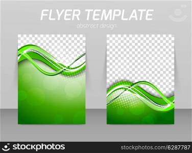 Abstract flyer template design in green color with wave lines