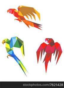 Abstract flying origami parrots isolated on white background
