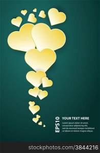 Abstract flying yellow hearts vector background template with place for text.