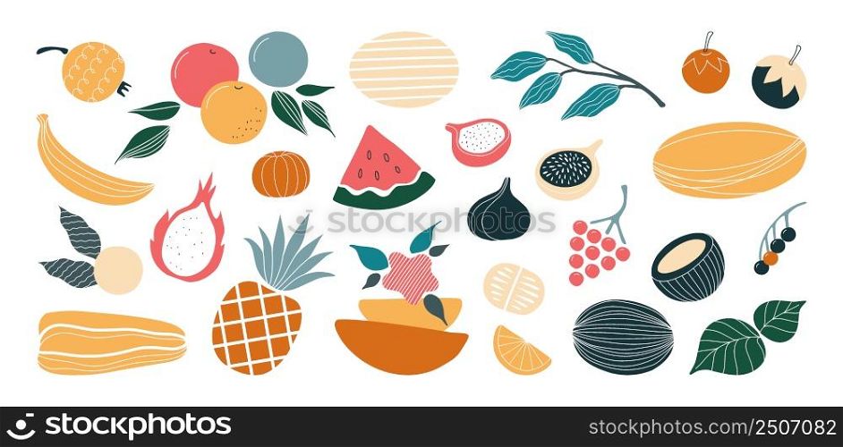 Abstract food. Cartoon fruits. Doodle watermelon and pineapple. Fresh orange slices. Ripe banana and melon. Leaves and berries. Juicy apples. Tropical minimalistic elements set. Vector modern texture. Abstract food. Cartoon fruits. Doodle watermelon and pineapple. Orange slices. Banana and melon. Leaves and berries. Juicy apples. Tropical minimalistic elements set. Vector modern texture