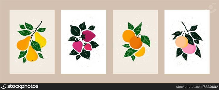 Abstract food set. Modern peach and orange graphic, vintage hand drawn pear and strawberry, autumn harvest print. Minimalist tropical plants. Wall art modern collection. Vector illustration background. Abstract food set. Modern peach and orange graphic, vintage hand drawn pear and strawberry, autumn harvest print. Minimalist tropical plants. Wall art modern. Vector illustration background