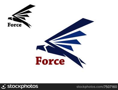 Abstract force symbol with blue silhouette of falcon bird isolated on white background. Force symbol with blue falcon