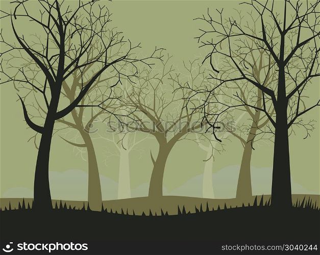 Abstract Forest Landscape. Deciduous forest landscape with silhouettes of trees and grass in green mist.