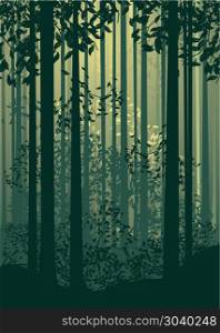 Abstract Forest Landscape . Deciduous forest landscape with silhouettes of trees and grass in green mist.