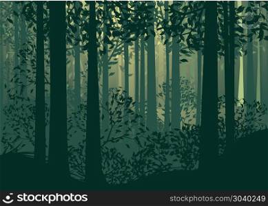 Abstract Forest Landscape . Deciduous forest landscape with silhouettes of trees and grass in green mist.