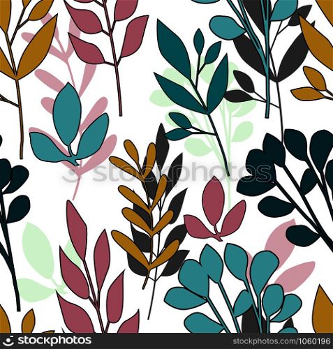 Abstract forest leaves seamless pattern. Floral endless wallpaper. Botanical background. Printing, textile, fabric, fashion, interior, wrapping paper concept Vector illustration. Abstract forest leaves seamless pattern. Floral endless wallpaper. Botanical background.