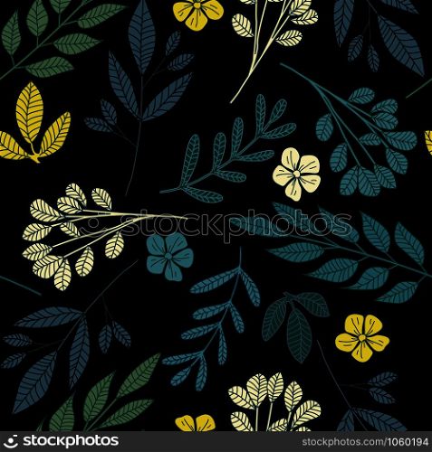 Abstract forest little flowers and leaves seamless pattern. Dark folk floral endless wallpaper. Botanical background. Trendy fabric design, wrapping paper. Vector illustration. Abstract forest little flowers and leaves seamless pattern.