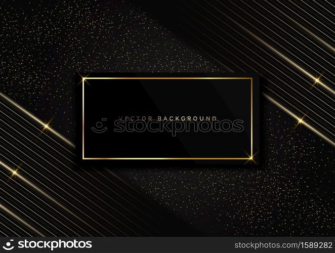 Abstract frame stripes golden lines diagonal overlap on dot gold glitter black background. Luxury style. Vector illustration