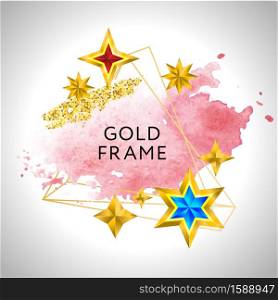 Abstract frame vector celebration background with pink watercolor golden stars. Abstract frame vector celebration background with pink watercolor golden stars and place for text.