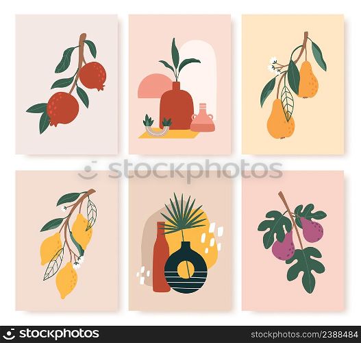 Abstract fruit poster, banner with green branches. Vector healthy ripe sweet food, illustration of green leaf branch with fruits design. Abstract fruit poster, banner with green branches