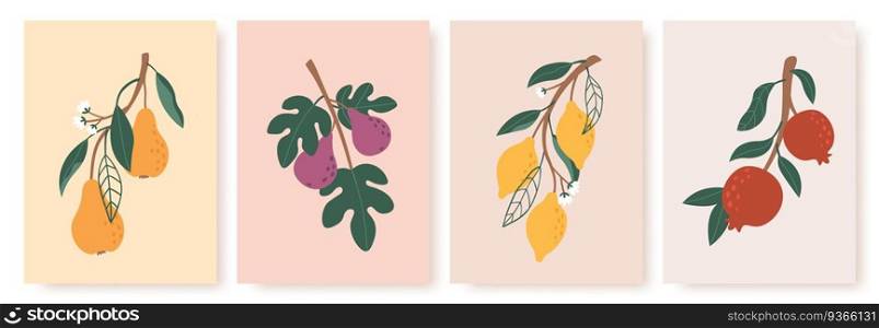 Abstract fruit poster. Modern prints with summer fruits, leaves and flowers. Lemon, pear and fig branches in minimalist art style vector set. Red pomegranate in pastel colors contemporary art. Abstract fruit poster. Modern prints with summer fruits, leaves and flowers. Lemon, pear and fig branches in minimalist art style vector set