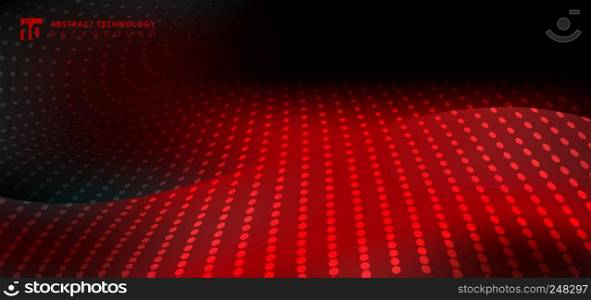 Abstract furturistic technology radial dots pattern on smooth fantasy motion blurred wave red light trail on black background. Vector illustration