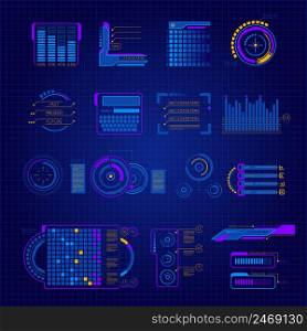 Abstract future interface colored and isolated icon set on digital dark blue background vector illustration. Abstract Future Interface Icon Set