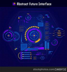 Abstract future interface concept future style user interface with round buttons charts and progress bars connected by light lines vector illustration. Abstract Future Interface Concept