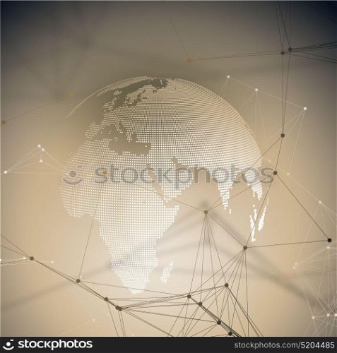 Abstract futuristic background with connecting lines and dots, polygonal linear texture. World globe. Global network connections, geometric design, technology digital concept.. Abstract futuristic background with connecting lines and dots, polygonal linear texture. World globe. Global network connections, geometric design, technology digital concept