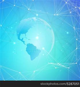 Abstract futuristic background with connecting lines and dots, polygonal linear texture. World globe on blue. Global network connections, geometric design, technology digital concept.. Abstract futuristic background with connecting lines and dots, polygonal linear texture. World globe on blue. Global network connections, geometric design, technology digital concept