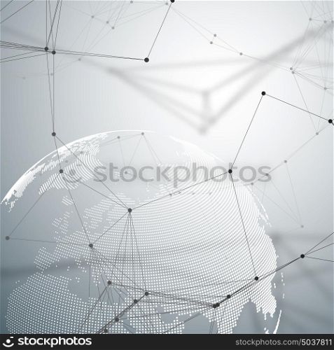 Abstract futuristic background with connecting lines and dots, polygonal linear texture. World globe on gray. Global network connections, geometric design, technology digital concept.. Abstract futuristic background with connecting lines and dots, polygonal linear texture. World globe on gray. Global network connections, geometric design, technology digital concept