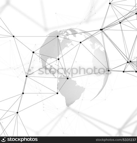 Abstract futuristic background with connecting lines and dots, polygonal linear texture. World globe on white. Global network connections, geometric design, dig data technology digital concept.. Abstract futuristic background with connecting lines and dots, polygonal linear texture. World globe on white. Global network connections, geometric design, dig data technology digital concept