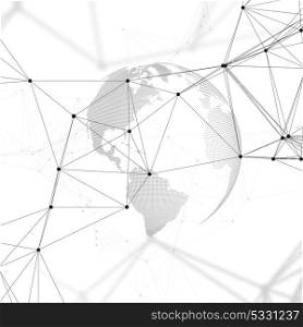Abstract futuristic background with connecting lines and dots, polygonal linear texture. World globe on white. Global network connections, geometric design, dig data technology digital concept.. Abstract futuristic background with connecting lines and dots, polygonal linear texture. World globe on white. Global network connections, geometric design, dig data technology digital concept