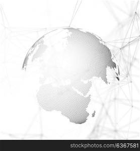 Abstract futuristic background with connecting lines and dots, polygonal linear texture. World globe on white. Global network connections, geometric design, technology digital concept.. Abstract futuristic background with connecting lines and dots, polygonal linear texture. World globe on white. Global network connections, geometric design, technology digital concept