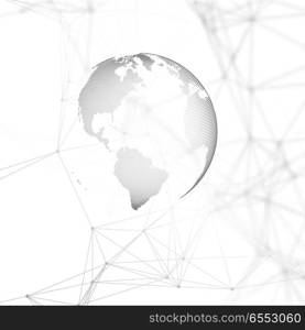 Abstract futuristic background with connecting lines and dots, polygonal linear texture. World globe on white. Global network connections, geometric design, technology digital concept. Abstract futuristic background with connecting lines and dots, polygonal linear texture. World globe on white. Global network connections, geometric design, technology digital concept.