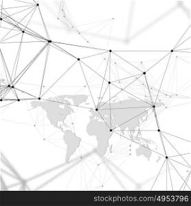 Abstract futuristic background with connecting lines and dots, polygonal linear texture. World map on white. Global network connections, geometric design, technology digital concept.. Abstract futuristic background with connecting lines and dots, polygonal linear texture. World map on white. Global network connections, geometric design, technology digital concept